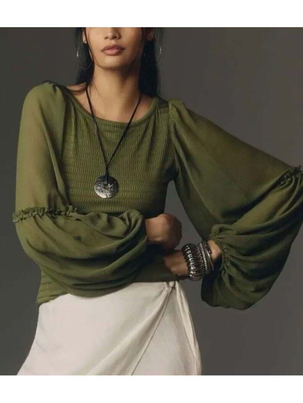 Women's Green Anthropologie Blouse Sheer Balloon Sleeves, size Small